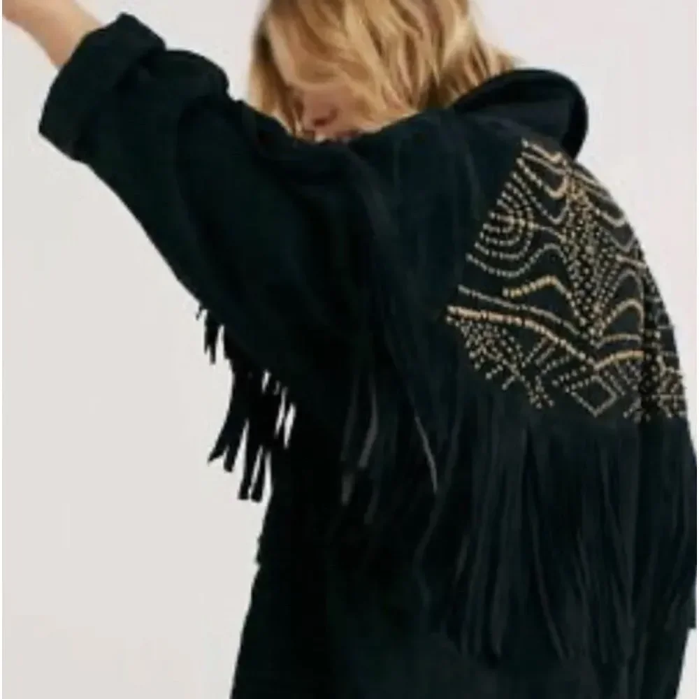 Free People The Lucky Ones Suede Jacket Fringed Studded Snap Front Black - Picture 1 of 7